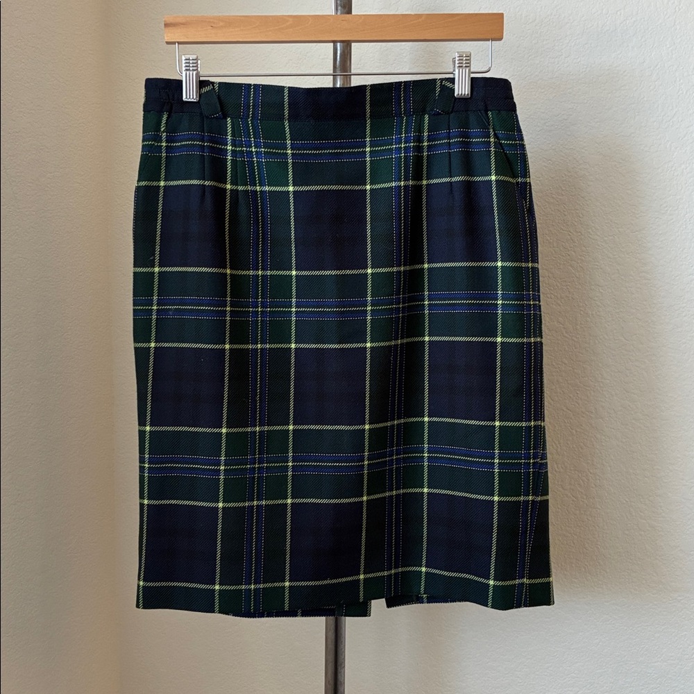 Vtg Pencil Skirt sz M Basler Wool Green Blue Yellow Plaid Dark Academia